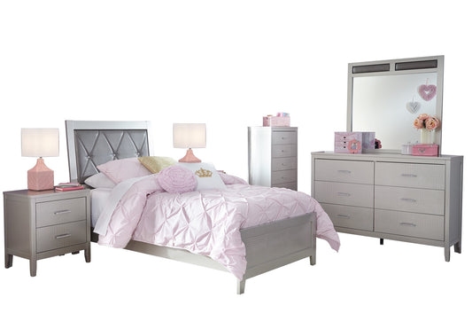 Ashley Olivet 6PC Bedroom Set Twin Panel Bed Two Nightstand Dresser Mirror Chest in Silver