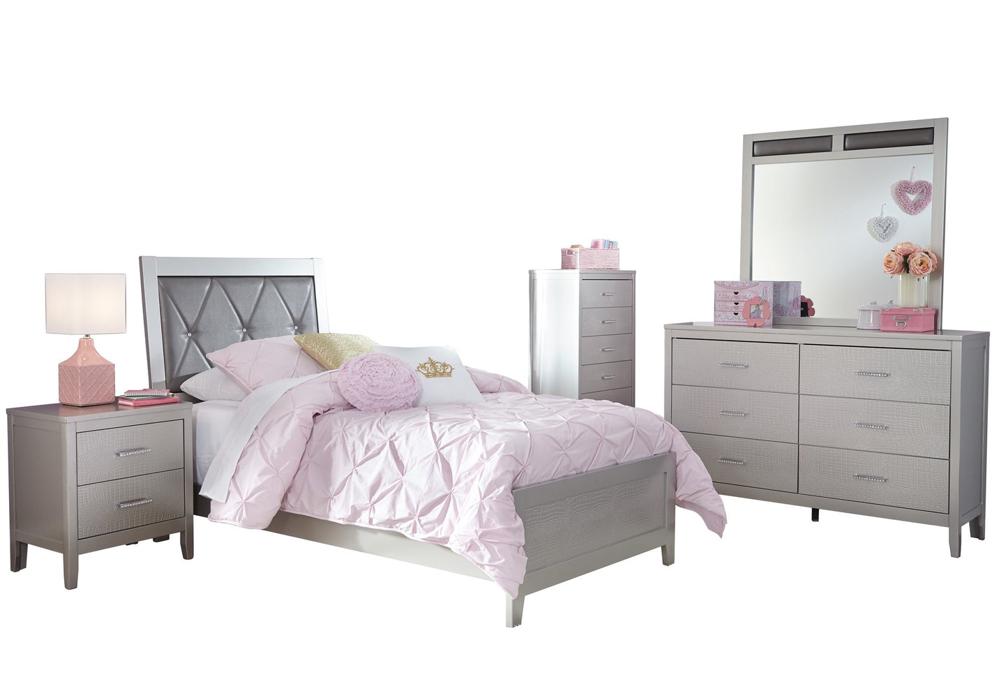 Ashley Olivet 5PC Bedroom Set Twin Panel Bed One Nightstand Dresser Mirror Chest in Silver