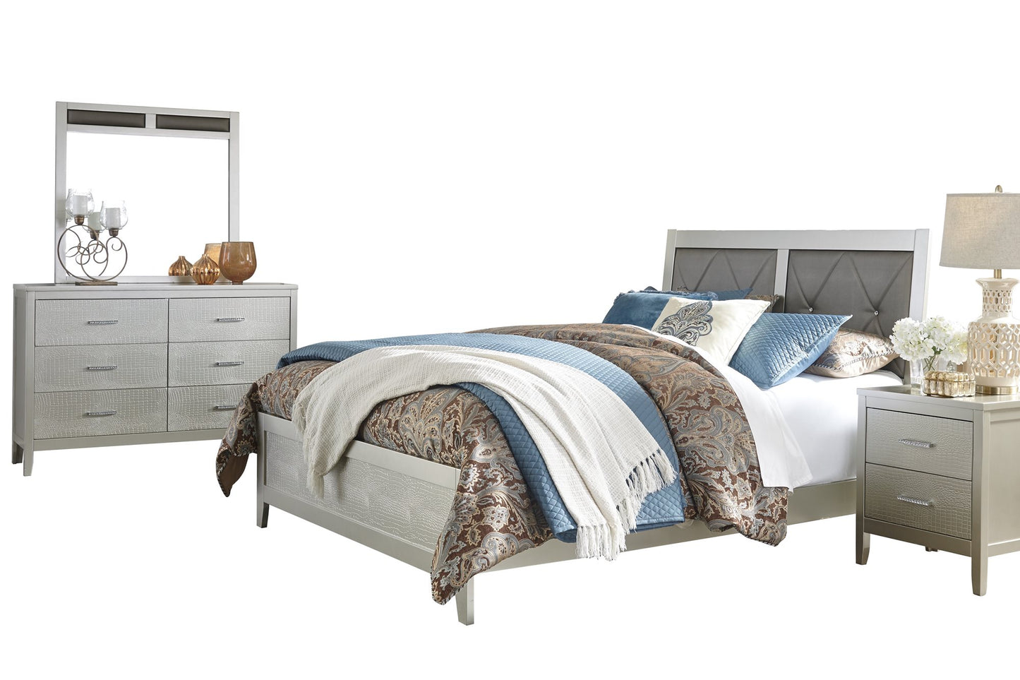 Ashley Olivet 4PC Bedroom Set Cal King Panel Bed One Nightstand Dresser Mirror in Silver
