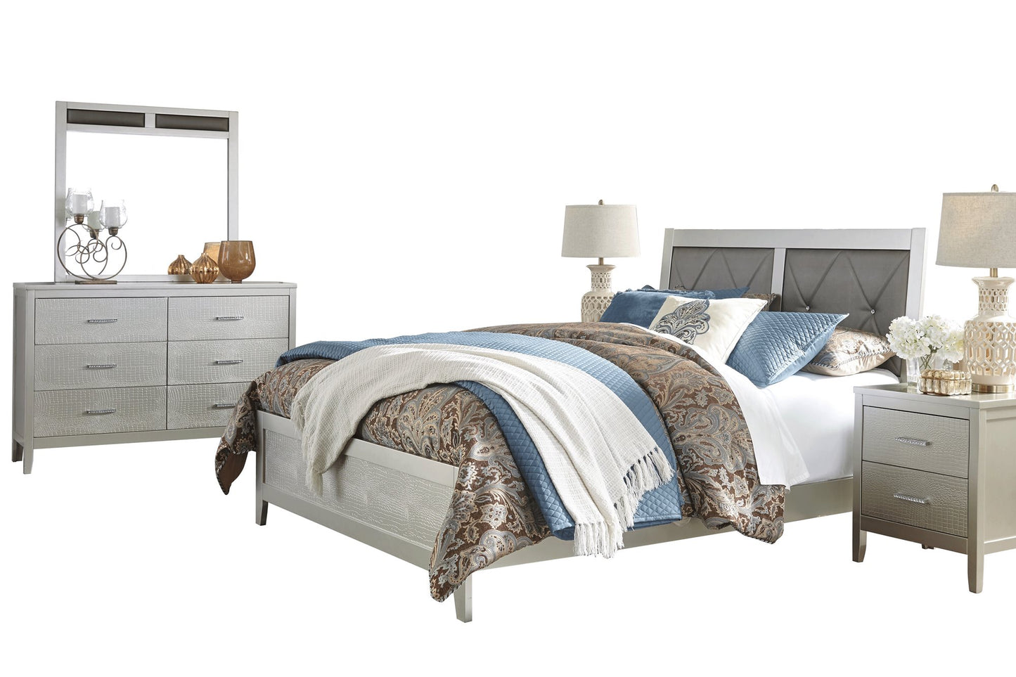 Ashley Olivet 5PC Bedroom Set Cal King Panel Bed Two Nightstand Dresser Mirror in Silver