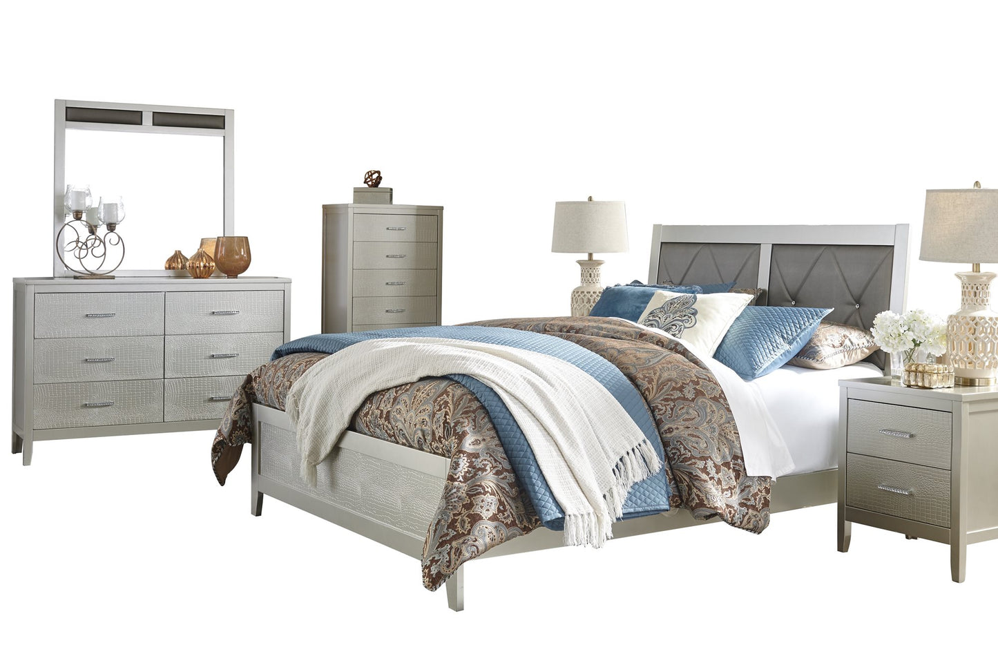 Ashley Olivet 6PC Bedroom Set Queen Panel Bed Two Nightstand Dresser Mirror Chest in Silver