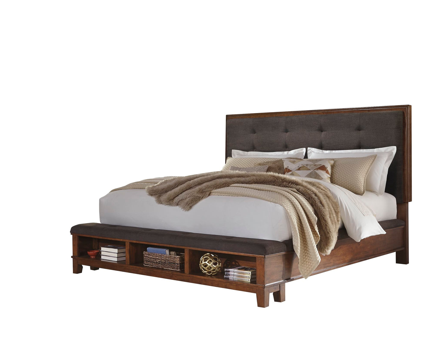 Ashley Ralene 5PC Bedroom Set Cal King Upholstered Storage Bed Dresser Mirror One Nightstand Chest in Dark Brown