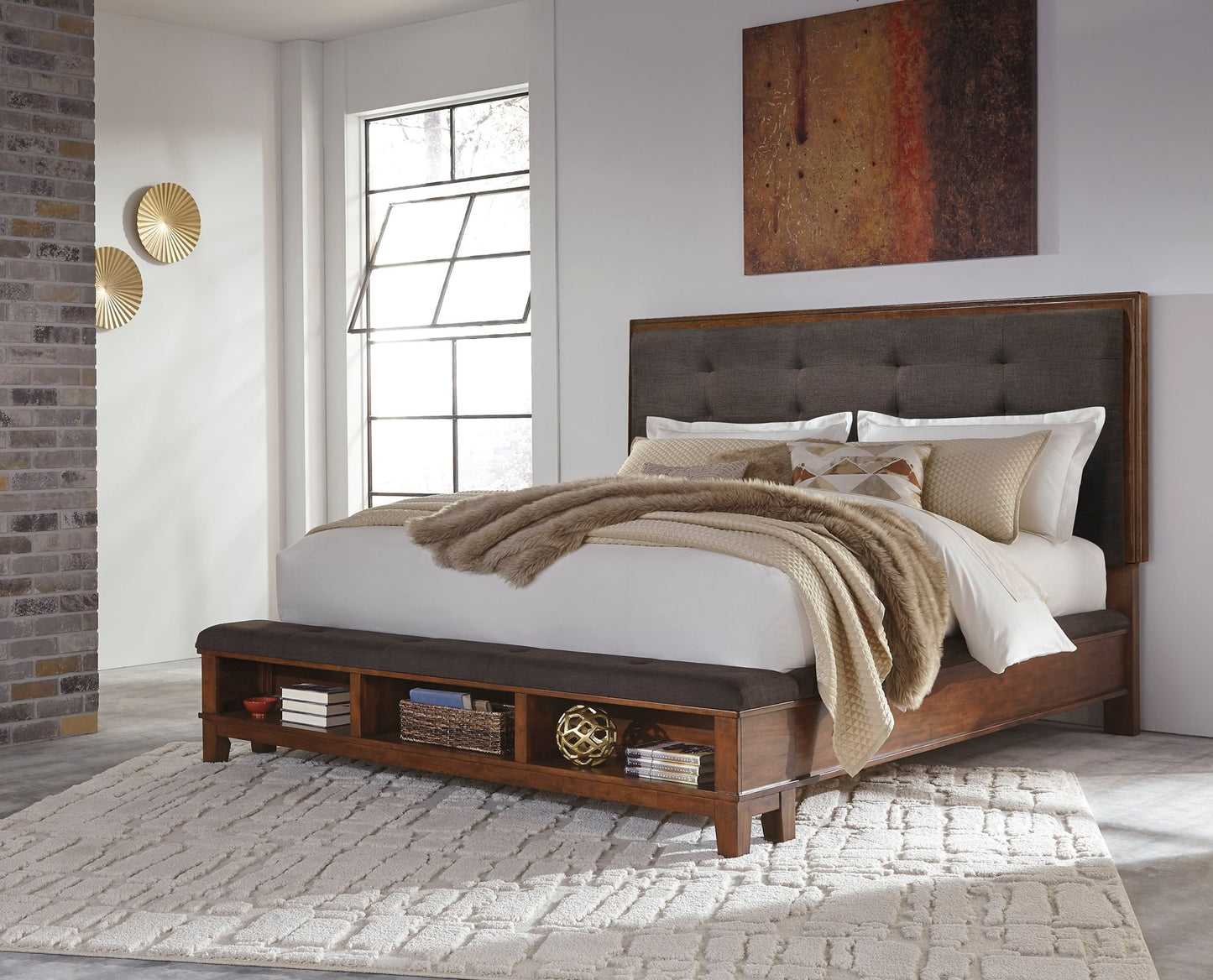 Ashley Ralene E King Upholstered Storage Bed in Dark Brown