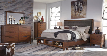Ashley Ralene 6PC Bedroom Set Cal King Upholstered Storage Bed Dresser Mirror Two Nightstand Chest in Dark Brown