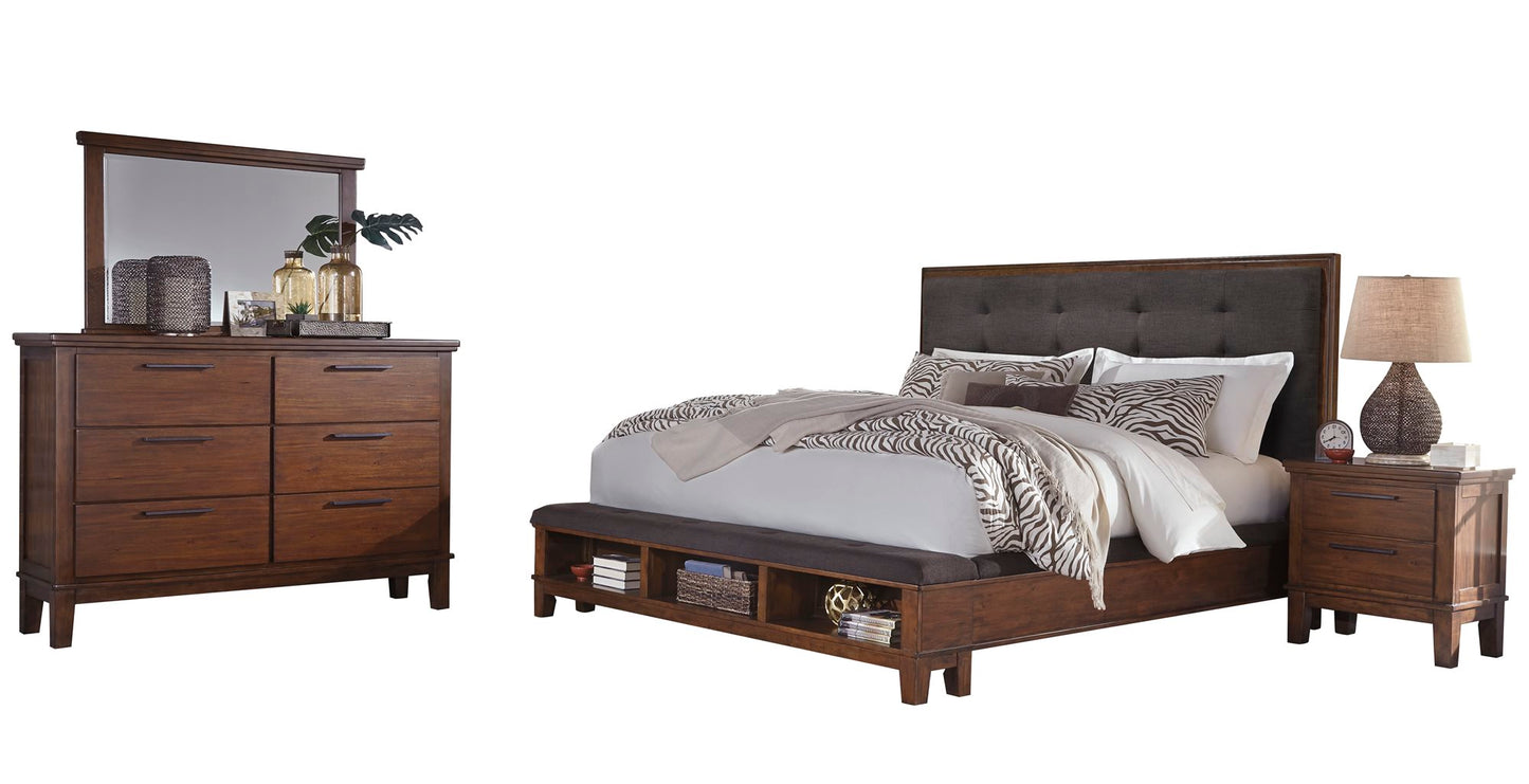 Ashley Ralene 4PC Bedroom Set Cal King Upholstered Storage Bed Dresser Mirror One Nightstand in Dark Brown