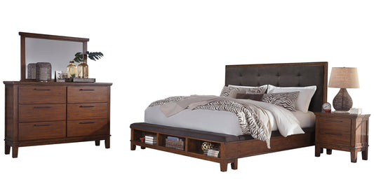 Ashley Ralene 4PC Bedroom Set E King Upholstered Storage Bed Dresser Mirror One Nightstand in Dark Brown