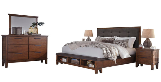 Ashley Ralene 5PC Bedroom Set Cal King Upholstered Storage Bed Dresser Mirror Two Nightstand in Dark Brown