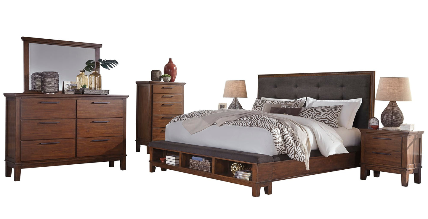 Ashley Ralene 6PC Bedroom Set Cal King Upholstered Storage Bed Dresser Mirror Two Nightstand Chest in Dark Brown