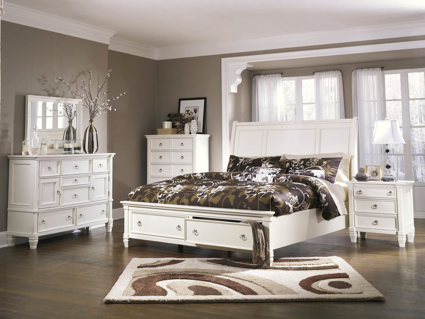 Ashley Prentice 5PC Bedroom Set Cal King Sleigh Bed Dresser Mirror Two Nightstand in White
