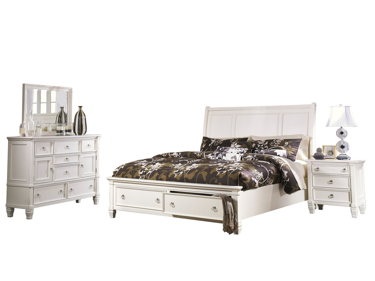 Ashley Prentice 4PC Bedroom Set E King Sleigh Bed Dresser Mirror One Nightstand in White