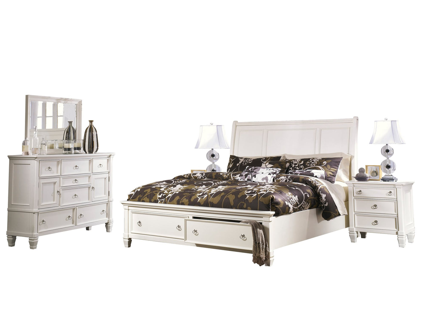 Ashley Prentice 5PC Bedroom Set E King Sleigh Bed Dresser Mirror Two Nightstand in White