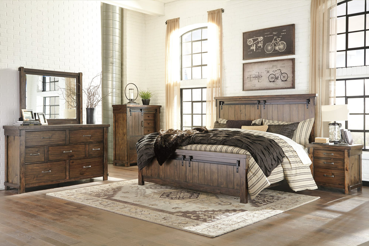 Ashley Lakeleigh 5PC Bedroom Set E King Panel Bed Dresser Mirror Two Nightstand in Brown