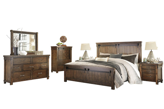 Ashley Lakeleigh 6PC Bedroom Set E King Panel Bed Dresser Mirror Two Nightstand Chest in Brown