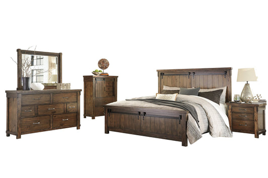 Ashley Lakeleigh 5PC Bedroom Set Cal King Panel Bed Dresser Mirror One Nightstand Chest in Brown