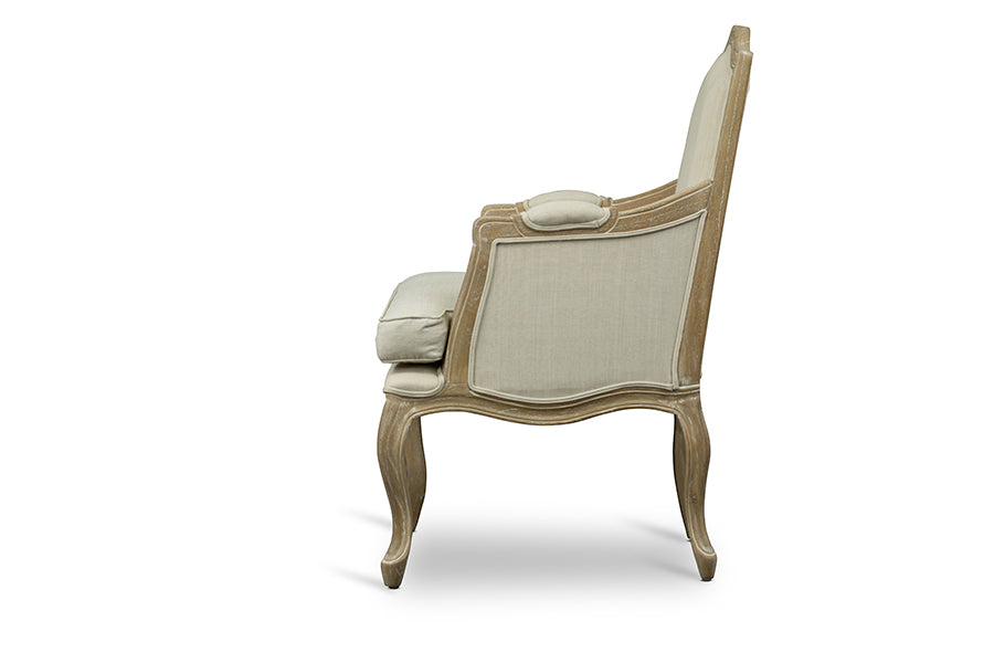 French Provincial Wood Trimmed Accent Arm Chair in Beige/Light Brown