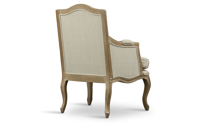 French Provincial Wood Trimmed Accent Arm Chair in Beige/Light Brown