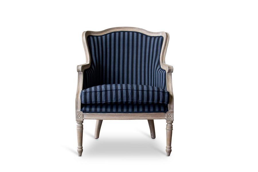 French Provincial Wood Trimmed Accent Arm Chair in Black/Grey Stripes