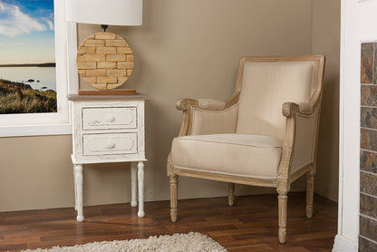 French Provincial Wood Trimmed Living Room Arm Chair in Light Beige Fabric