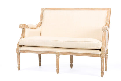 French Provincial Wood Trimmed Settee Loveseat in Light Beige Fabric