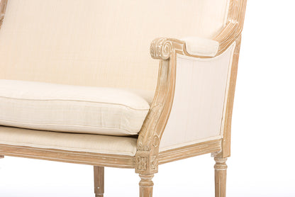 French Provincial Wood Trimmed Settee Loveseat in Light Beige Fabric