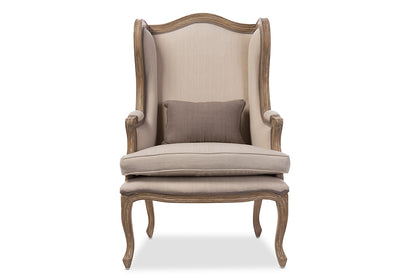 French Provincial Wood Trimmed Accent Wing Chair in Beige Distressed