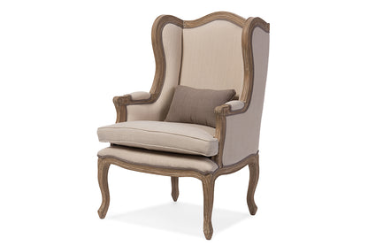 French Provincial Wood Trimmed Accent Wing Chair in Beige Distressed