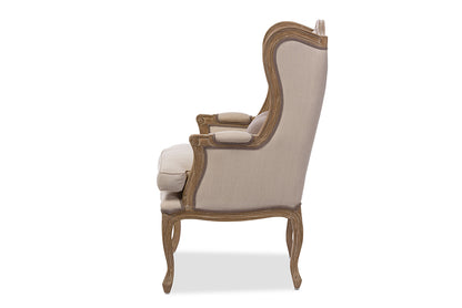 French Provincial Wood Trimmed Accent Wing Chair in Beige Distressed