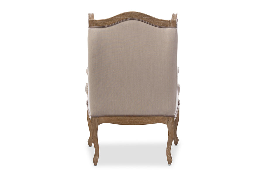 French Provincial Wood Trimmed Accent Wing Chair in Beige Distressed