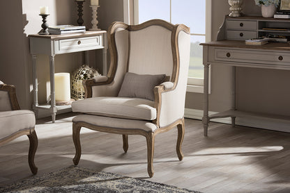 French Provincial Wood Trimmed Accent Wing Chair in Beige Distressed