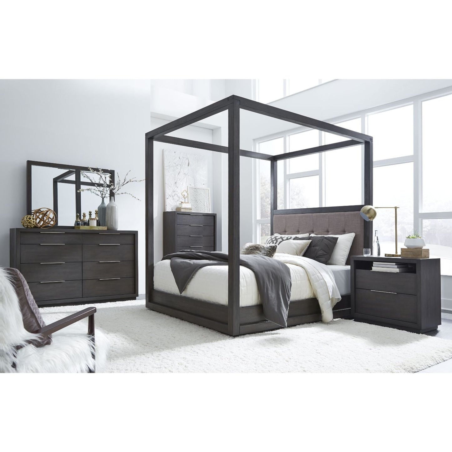 Modus Oxford 5PC Cal King Canopy Bedroom Set w Chest in Basalt Grey