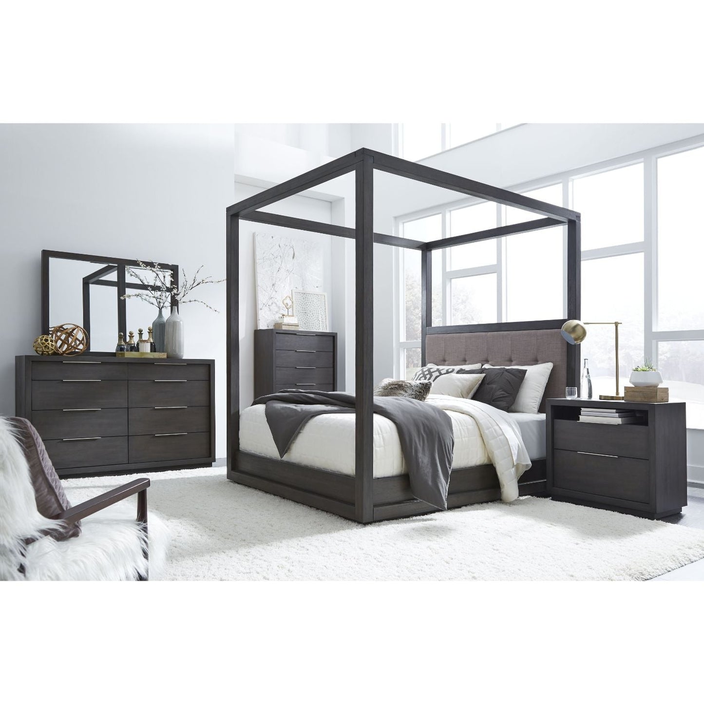Modus Oxford 5PC Queen Canopy Bedroom Set w 2 Nightstand in Basalt Grey