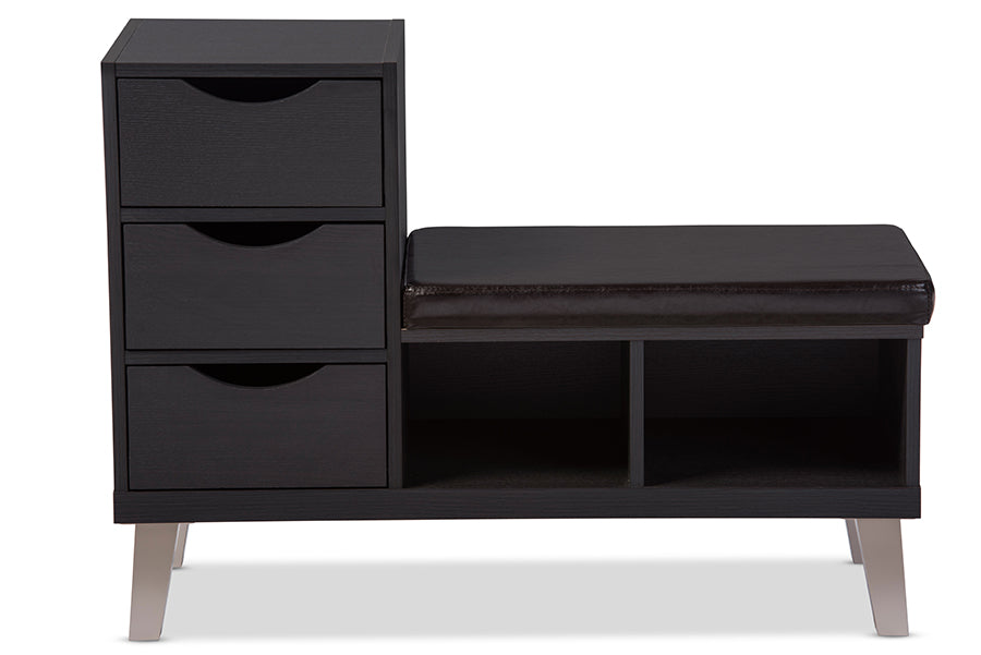 Contemporary Storage Shoe Bench in Dark Brown Faux Leather