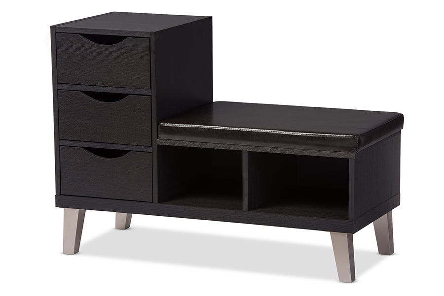 Contemporary Storage Shoe Bench in Dark Brown Faux Leather