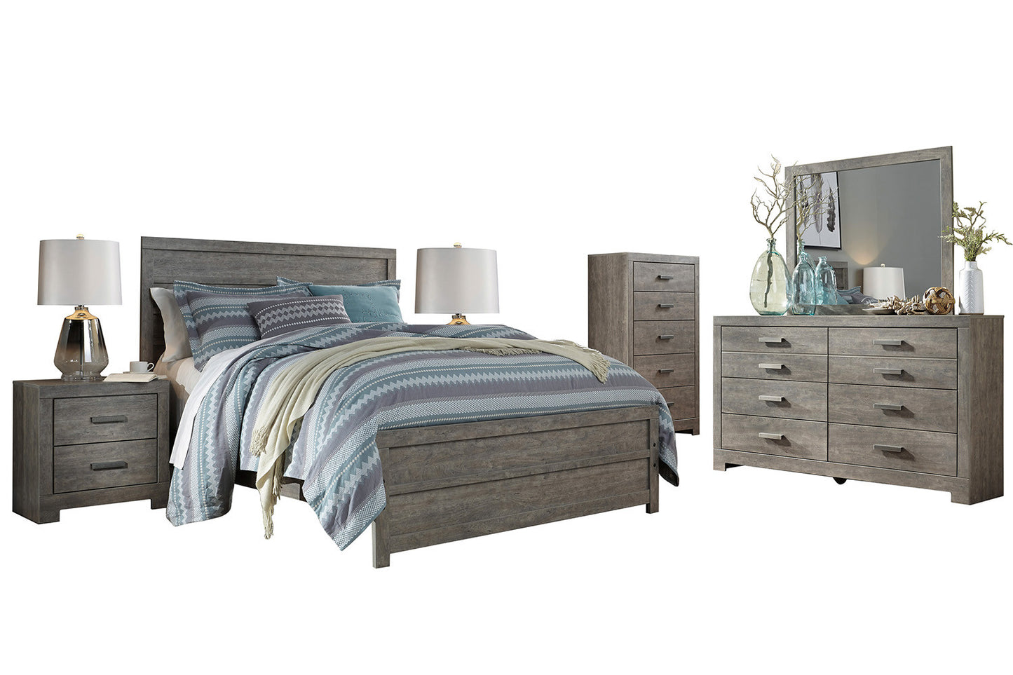 Ashley Culverbach 6PC E King Panel Bedroom Set with Two Nightstand & Chest in Gray - The Furniture Space.