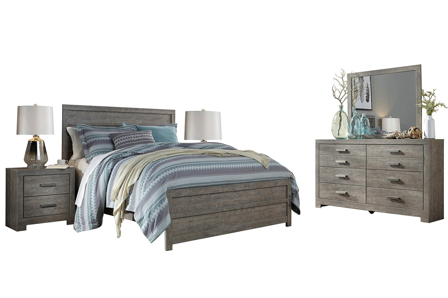 Ashley Culverbach 5PC E King Panel Bedroom Set with Two Nightstand in Gray - The Furniture Space.