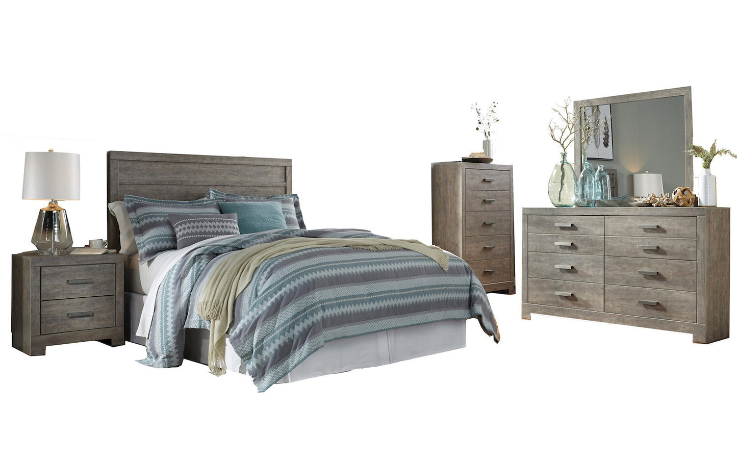 Ashley Culverbach 5PC E King Panel Headboard Bedroom Set with Chest in Gray - The Furniture Space.
