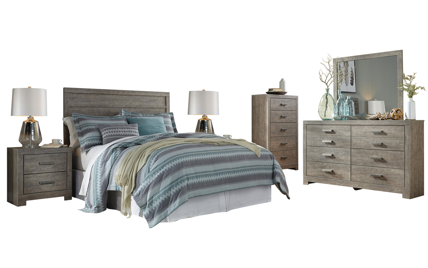 Ashley Culverbach 6PC E King Panel Headboard Bedroom Set in Gray - The Furniture Space.