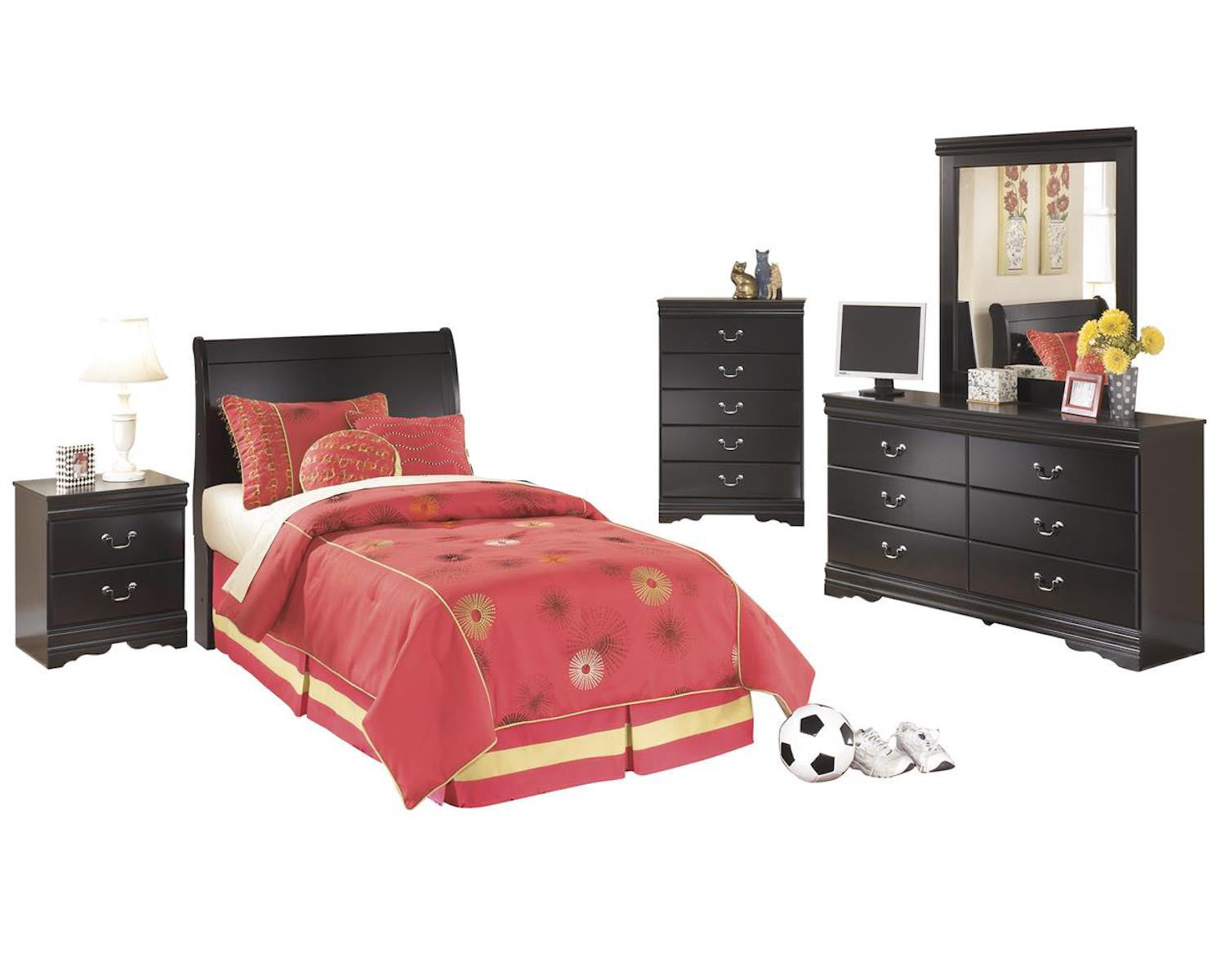 Ashley Huey Vineyard  5PC Twin Sleigh Headboard Bedroom Set with Chest in Black