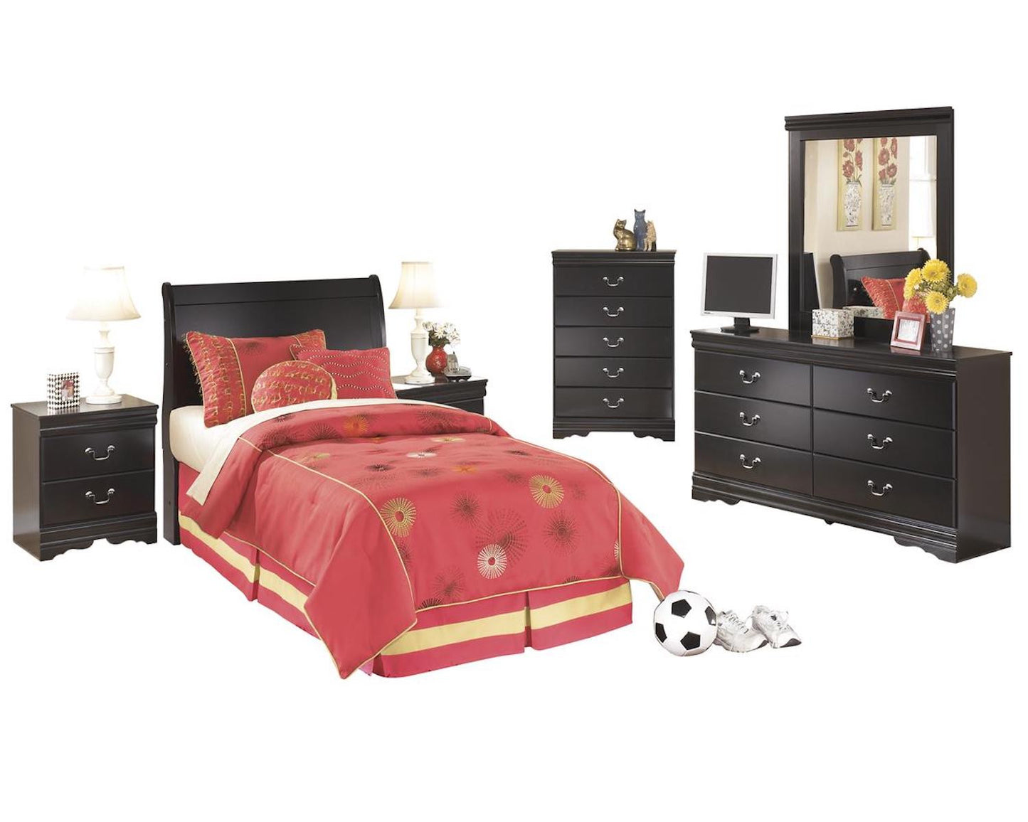 Ashley Huey Vineyard 6 PC Full Sleigh Headboard Bedroom Set  With Two Nightstand & Chest In Black