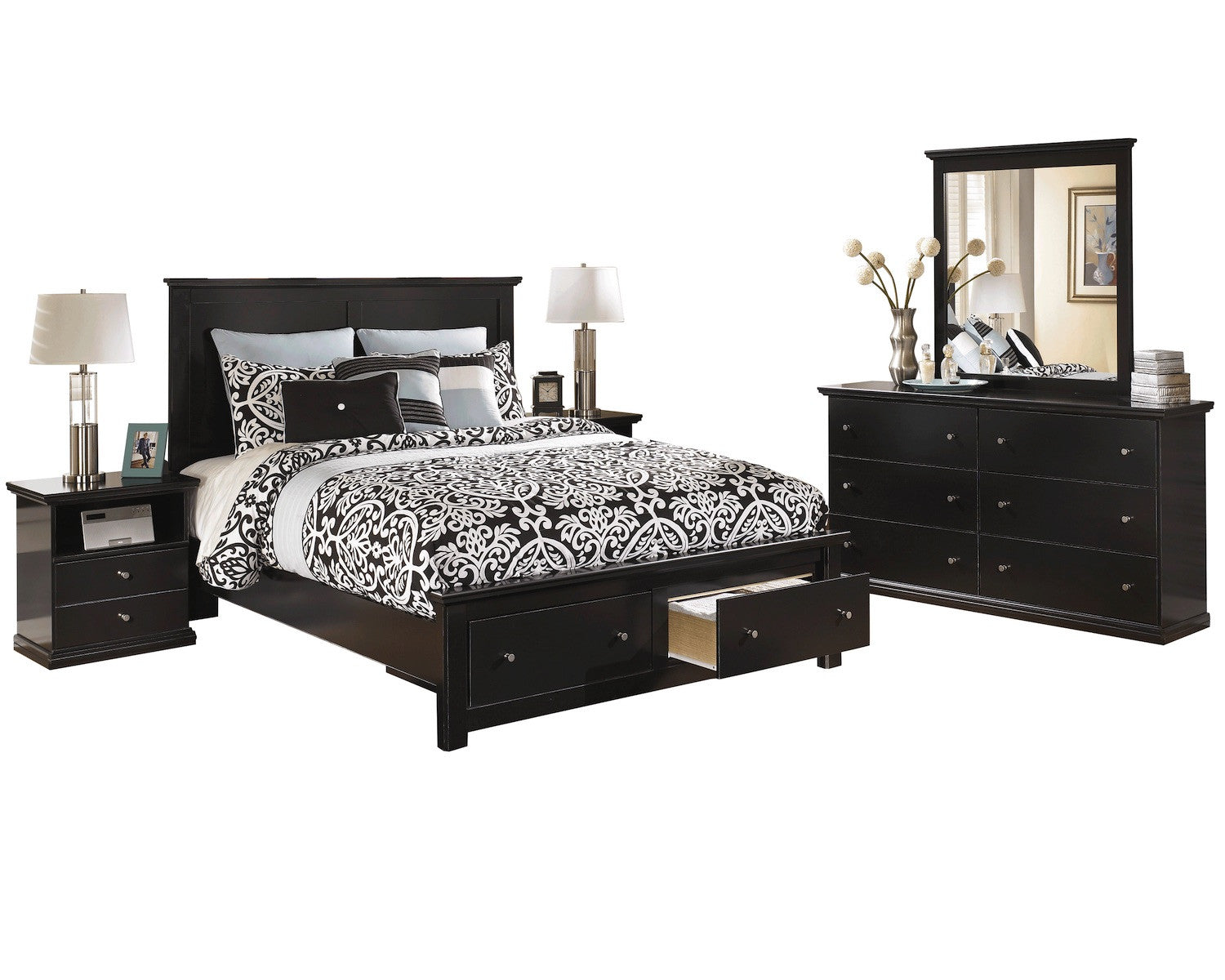 Ashley Maribel 5 PC Queen Storage Bed Bedroom Set with two Nightstands in Black