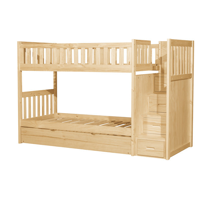 Homelegance Bartly Bunk Bed with Reversible Step Storage Twin Trundle in Natural Pine
