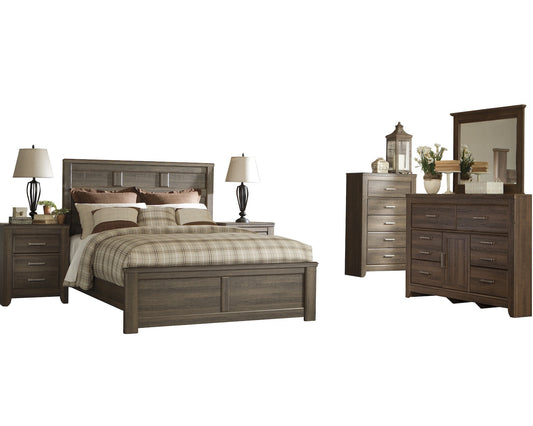 Ashley Juararo 6PC Queen Panel Bedroom Set With Two Nightstand & Chest In Dark Brown