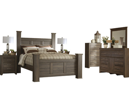 Ashley Juararo 6PC Queen Poster Bedroom Set With Two Nightstand & Chest In Dark Brown
