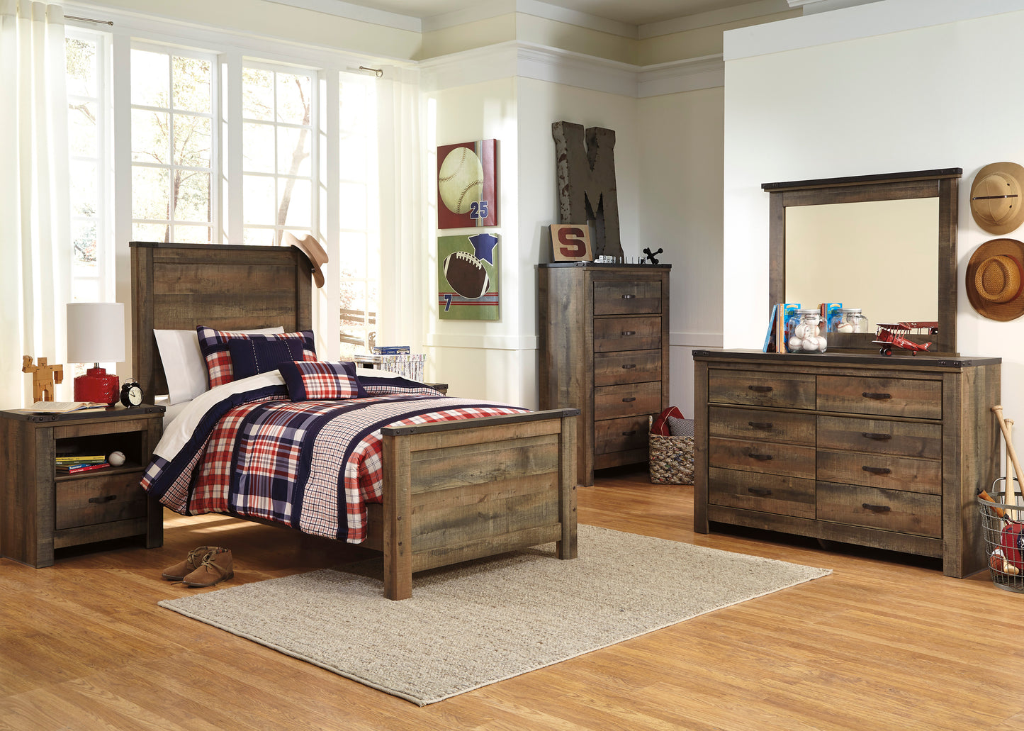 Ashley Trinell 5PC Bedroom Set Twin Panel Bed One Nightstand Dresser Mirror Chest in Brown
