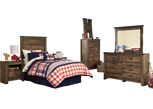 Ashley Trinell 5PC Bedroom Set Twin Panel Headboard One Nightstand Dresser Mirror Chest in Brown