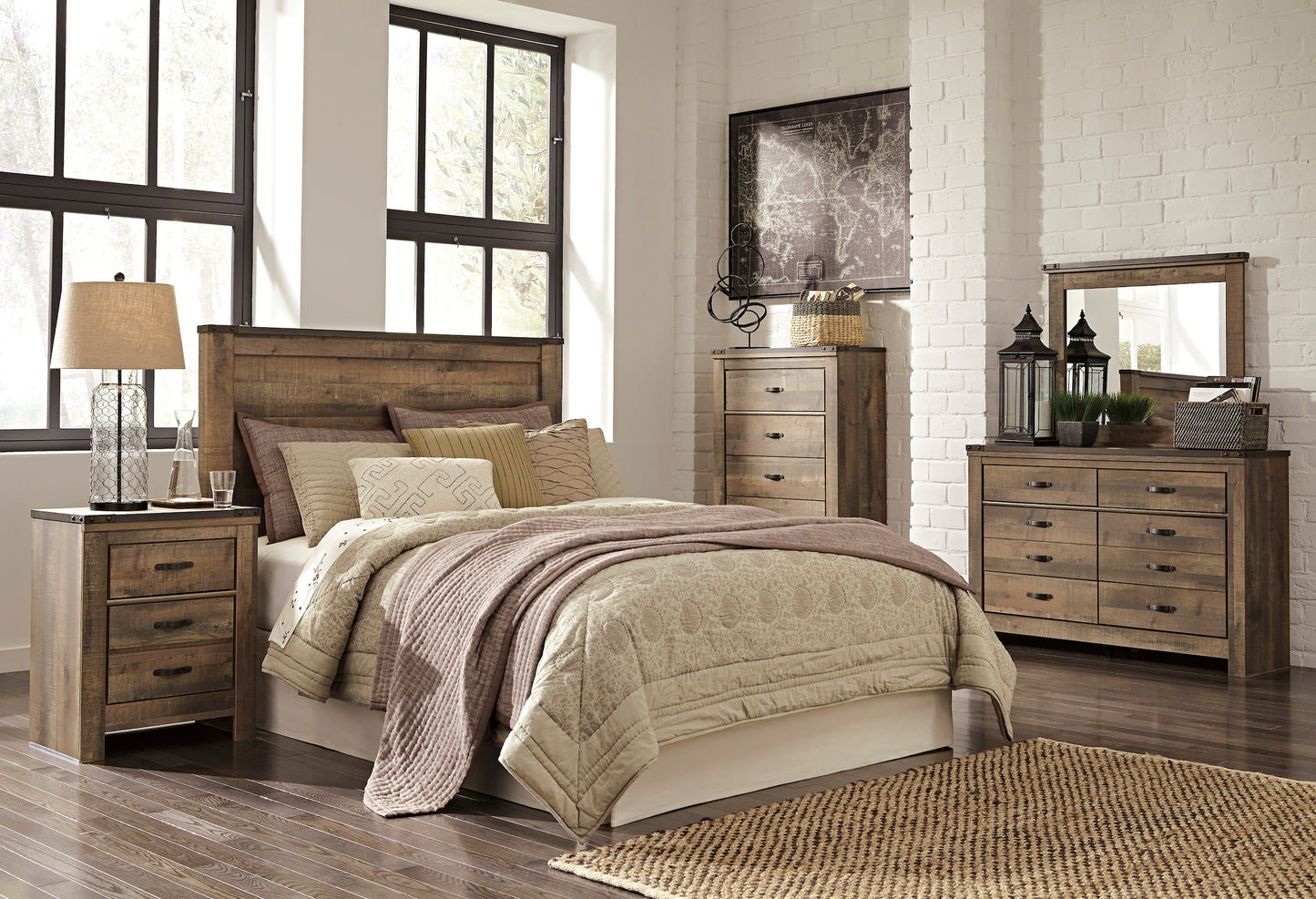 Ashley Trinell 5PC Bedroom Set E King Panel Headboard Two Nightstand Dresser Mirror in Brown