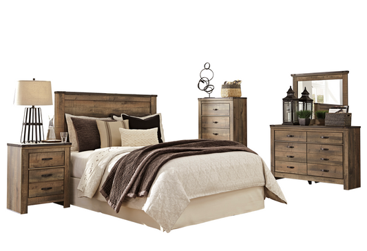 Ashley Trinell 5PC Bedroom Set Queen Panel Headboard One Nightstand Dresser Mirror Chest in Brown