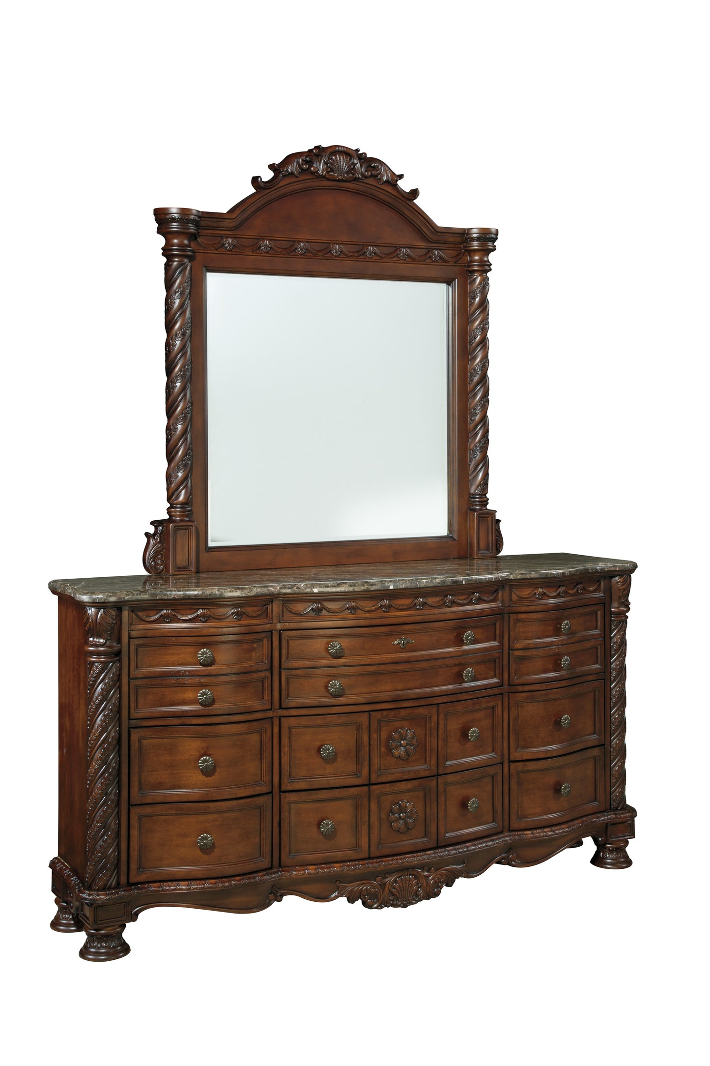 Ashley North Shore 5PC Bedroom Set Queen Sleigh Bed Dresser Mirror Two Nightstand in Dark Brown