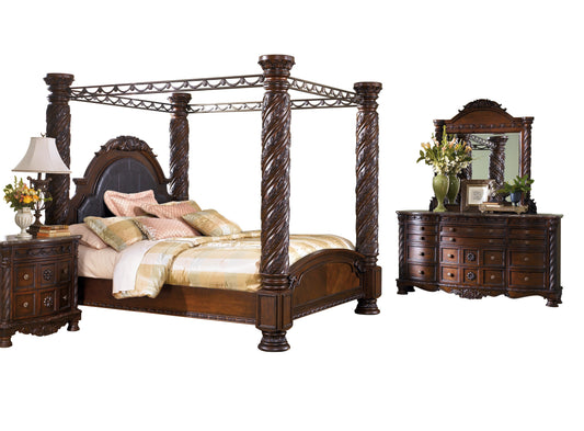 Ashley North Shore 4PC Bedroom Set E King Poster Canopy Bed Dresser Mirror One Nightstand in Dark Brown