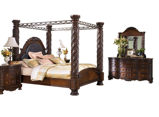 Ashley North Shore 5PC Bedroom Set Cal king Poster Canopy Bed Dresser Mirror Two Nightstand in Dark Brown